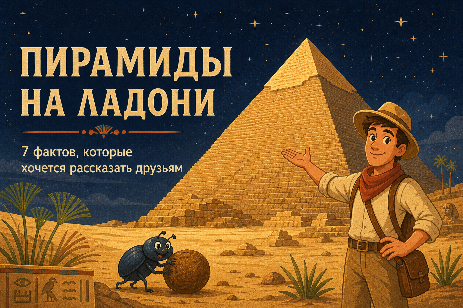 Великая пирамида, исследователь и жук-скарабей под звёздным небом